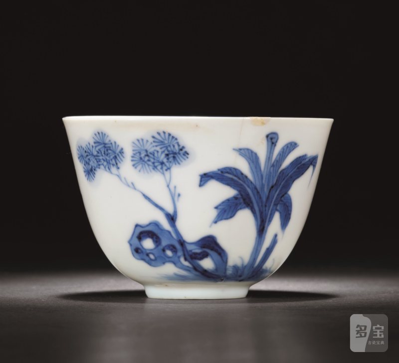 清康熙 青花洞石芭蕉“醉后多娇”图杯 - 图3